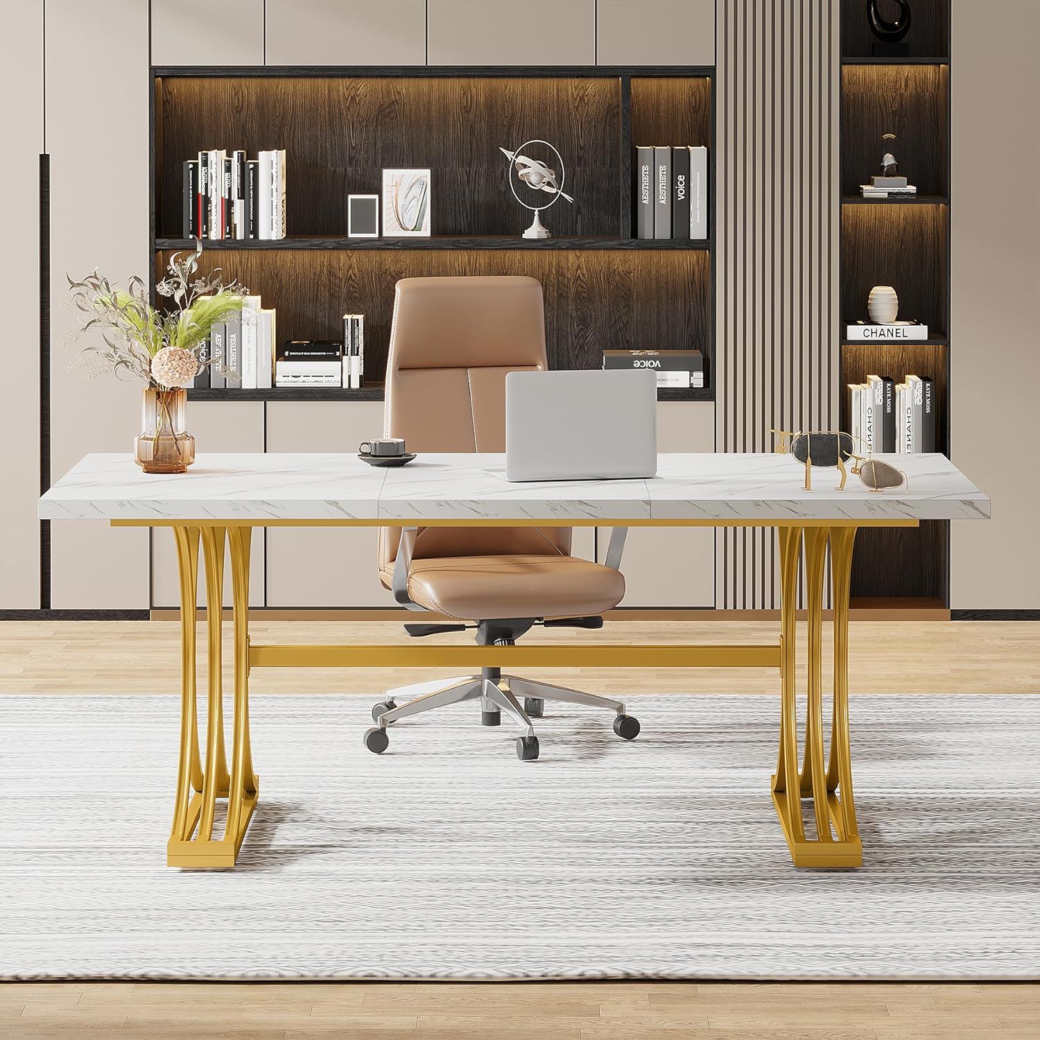 Executive Desk With X-Legs, Sturdy Office Workstation For Home Office - White / Gold