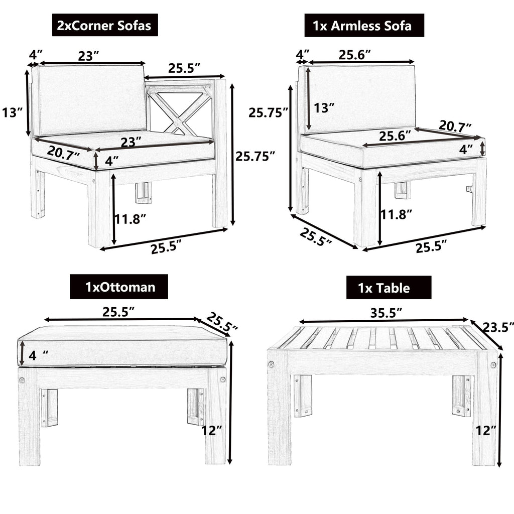 TOPMAX Outdoor 5-Piece Wood Sectional Patio Sofa Set with Blue Cushions