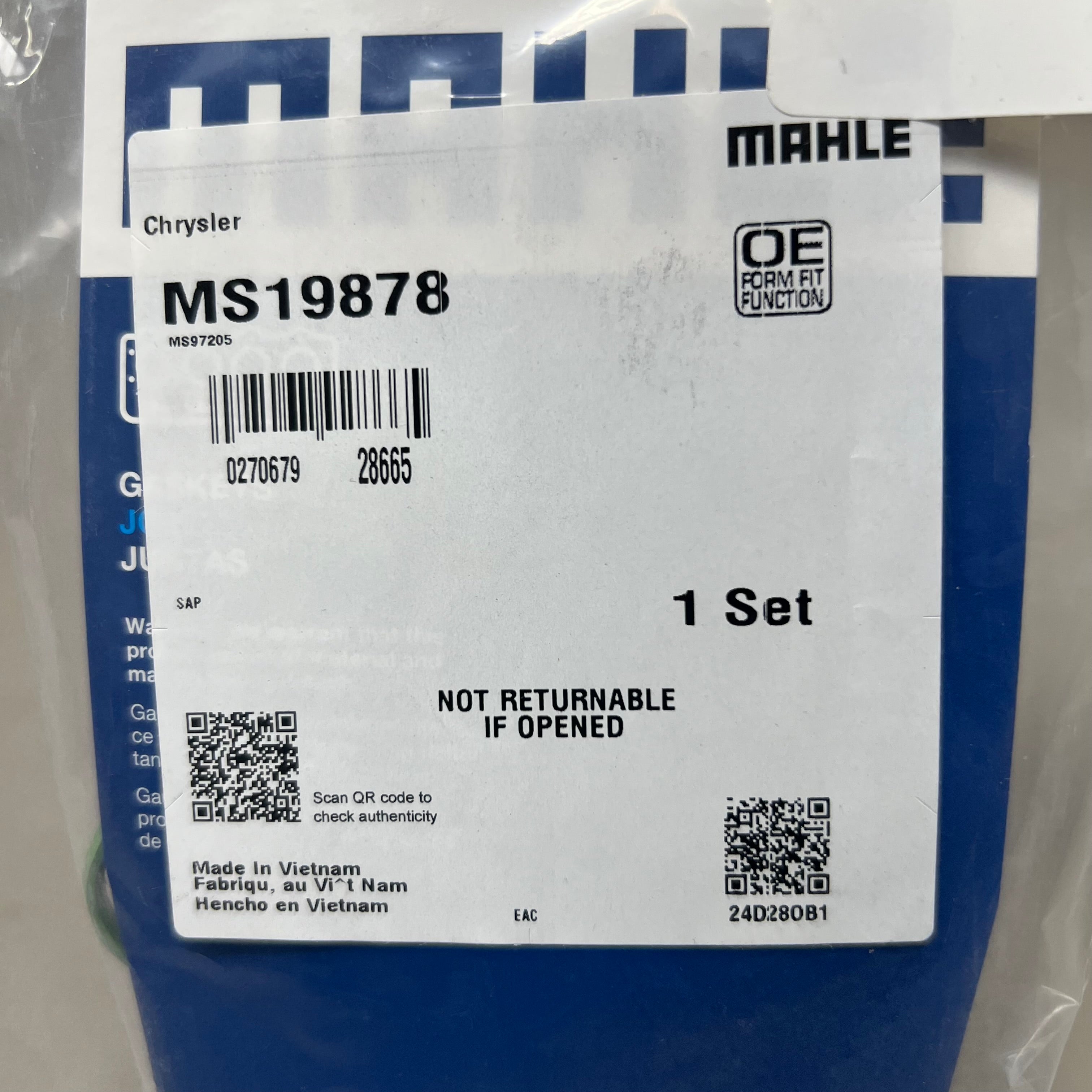 MAHLE Fuel Injection Plenum Gasket For Chrysler MS19878