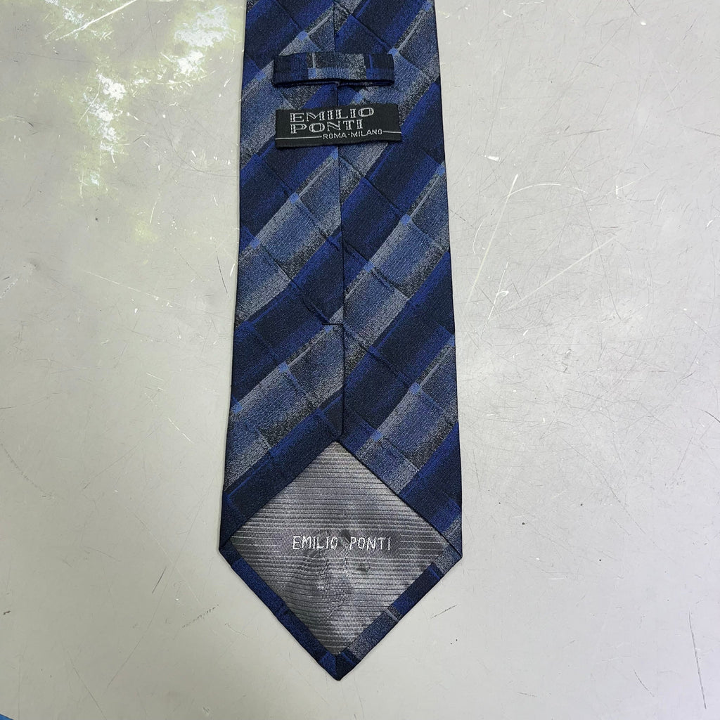EMILIO PONTI Hand Made 100% Silk Suit Tie Ombre Plaid 60" Blue/White (Pre-Owned)