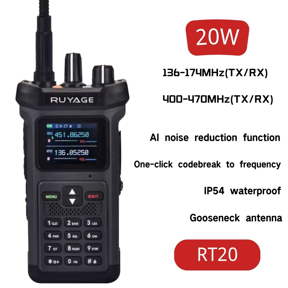 RUYAGE RT20 20W Dual Band Two Way Radio VHF UHF Long Range Walkie Talkie with 4000mAh Battery