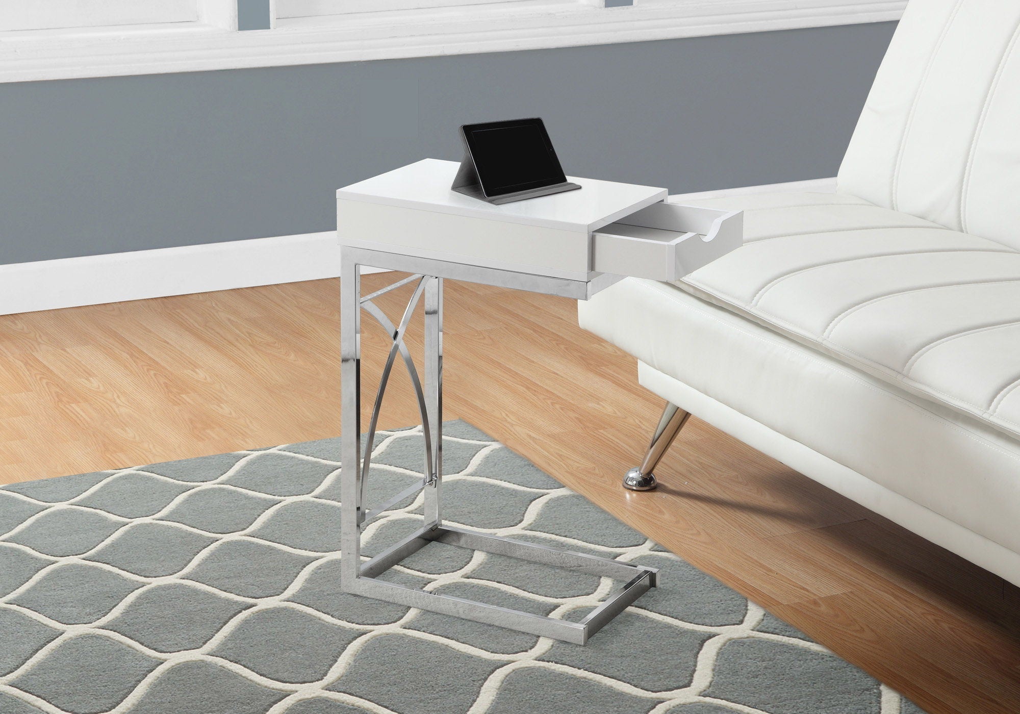 Accent Table, C-Shaped Glossy Contemporary & Modern - White