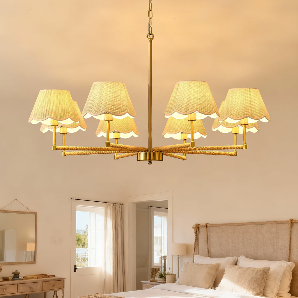 8-Light Rope and Fabric Shade Gold Chandelier
