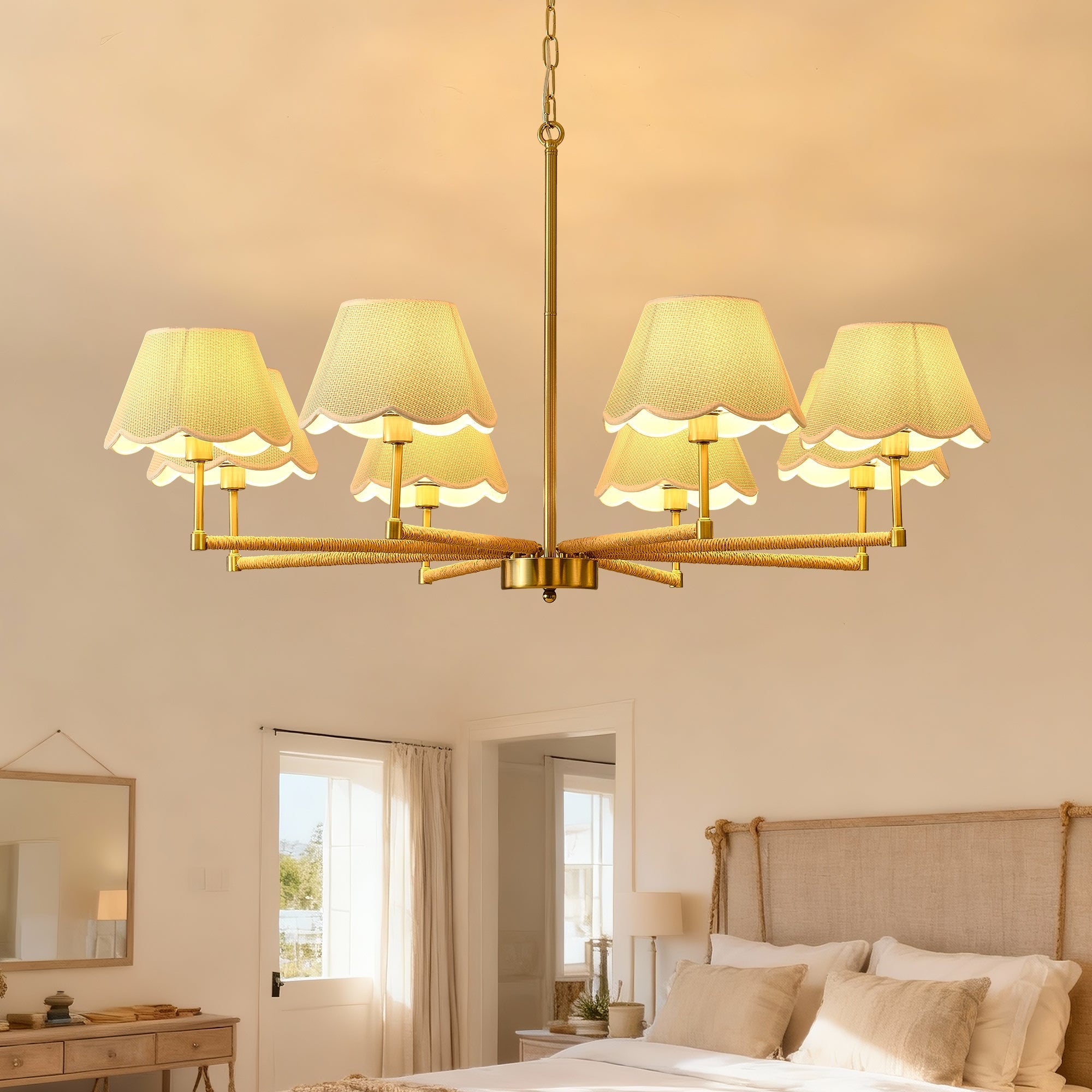 8-Light Rope and Fabric Shade Gold Chandelier