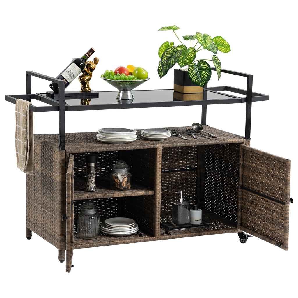 Outdoor Wicker Bar Cart with Glass Top and Wheels