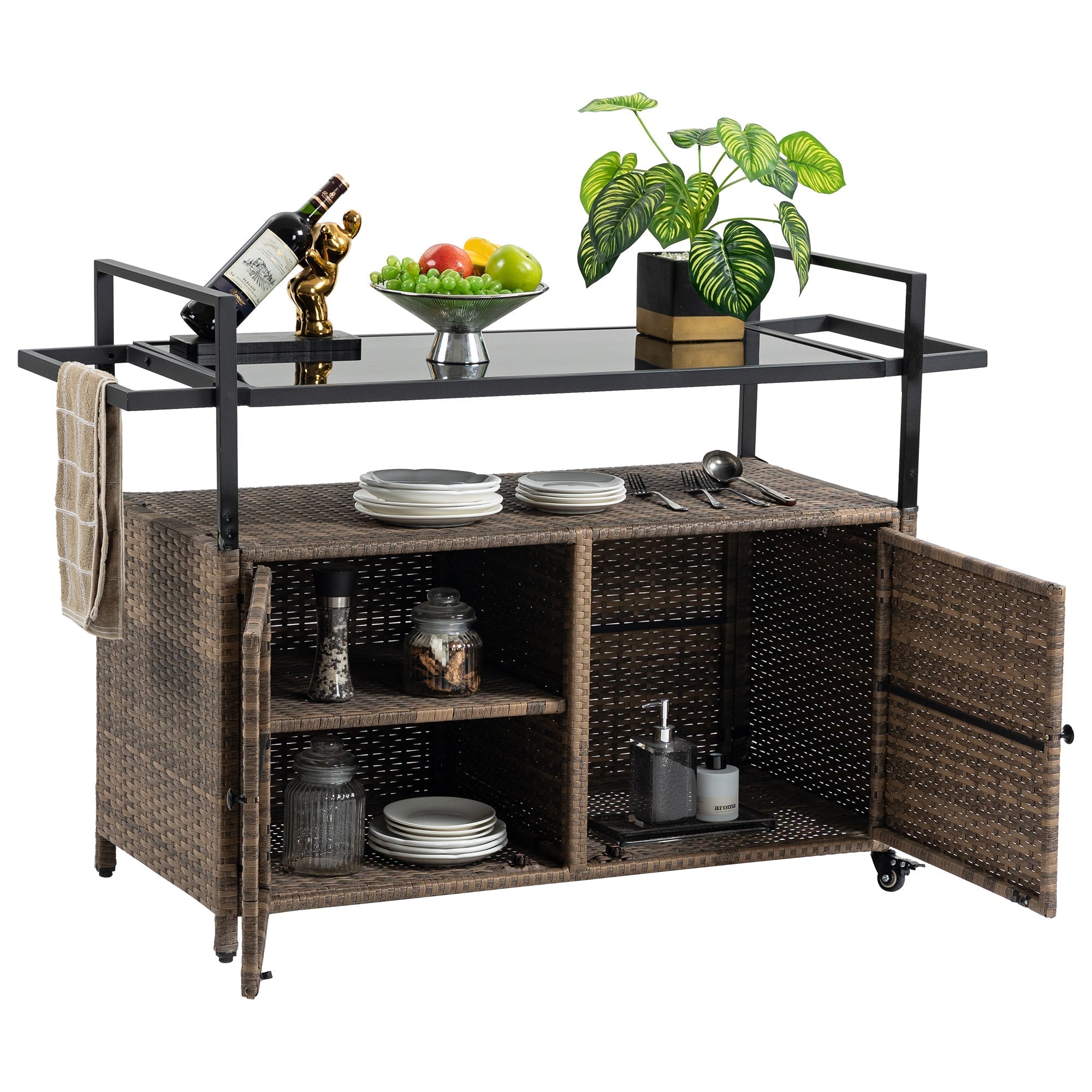 Outdoor Wicker Bar Cart with Glass Top and Wheels
