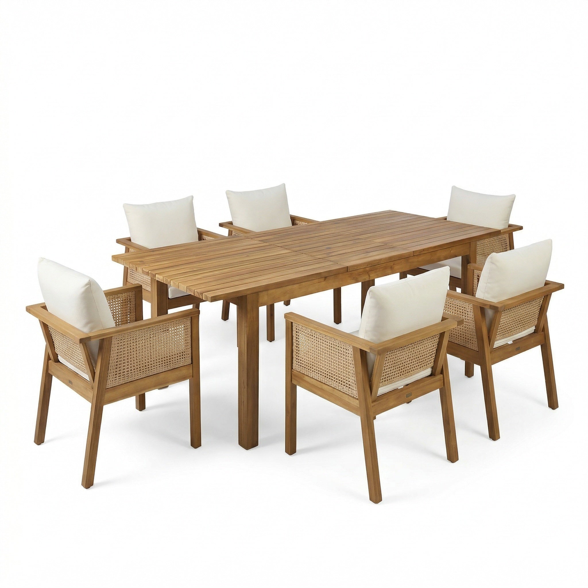 7 Pieces Acacia Wood Outdoor Dining Set with Cream Cushions and Natural Wicker