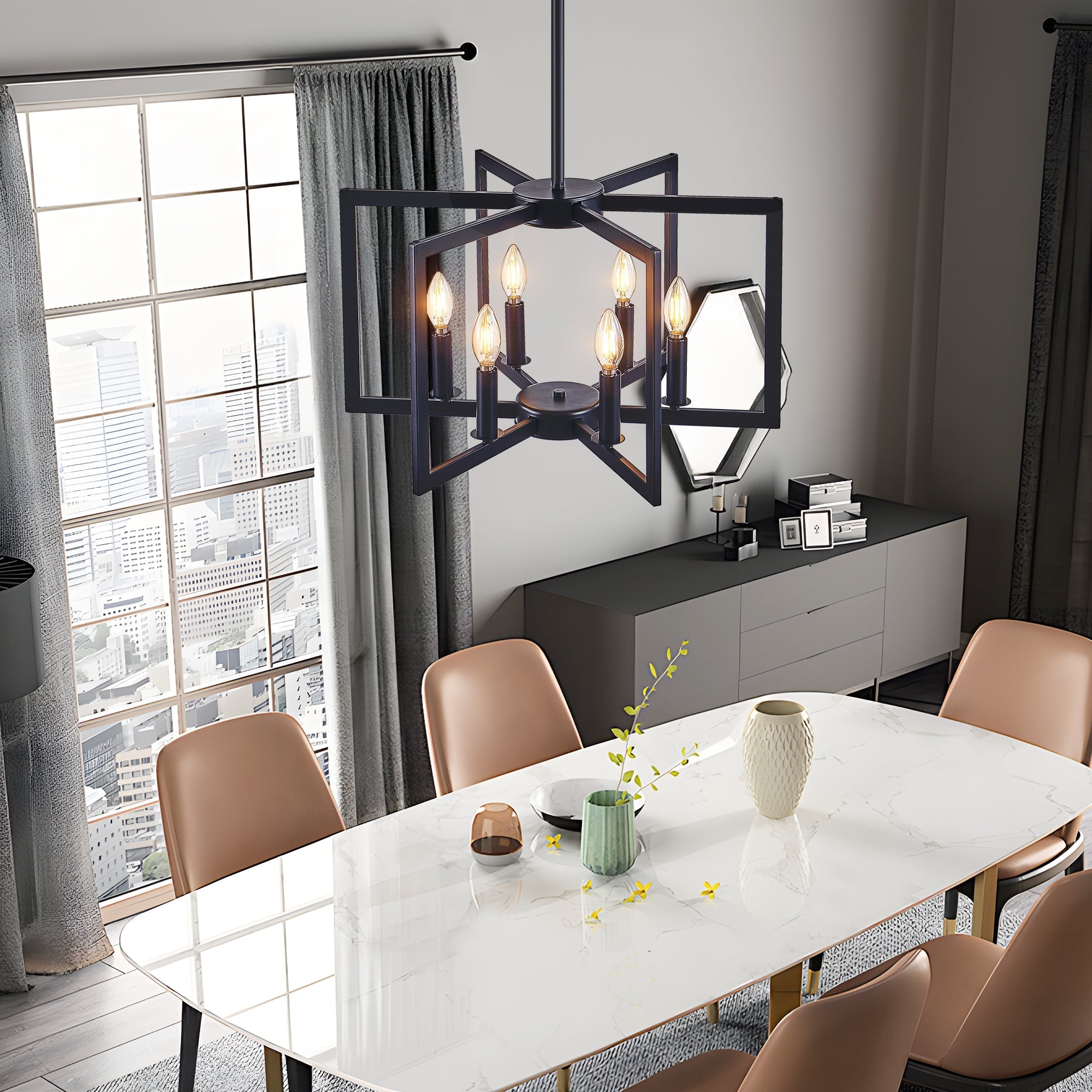 22' Modern Black Geometric 6-Light Chandelier – Industrial Metal Pendant Light Fixture for Living Room, Dining Room, or Kitchen (Bulb Not Included)