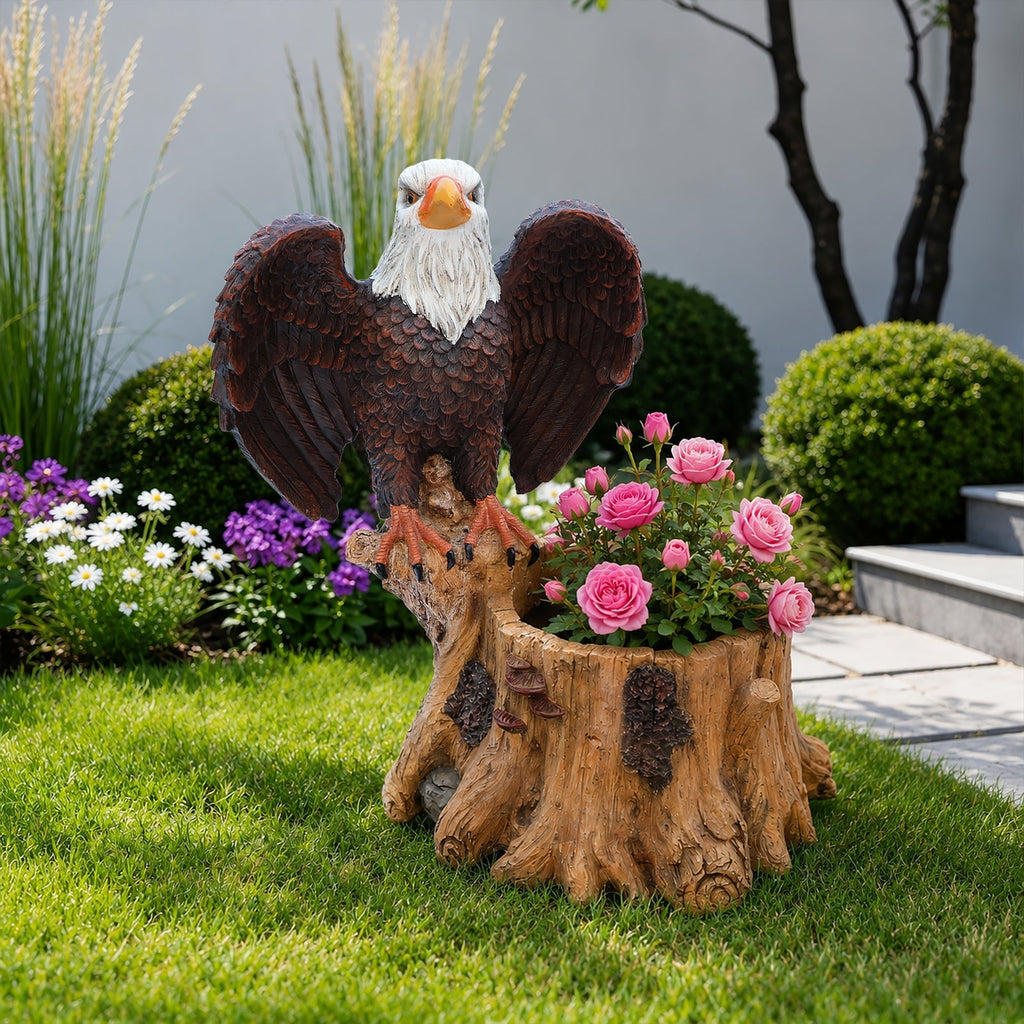 Majestic Eagle Garden Planter Pot on Tree Stump Base