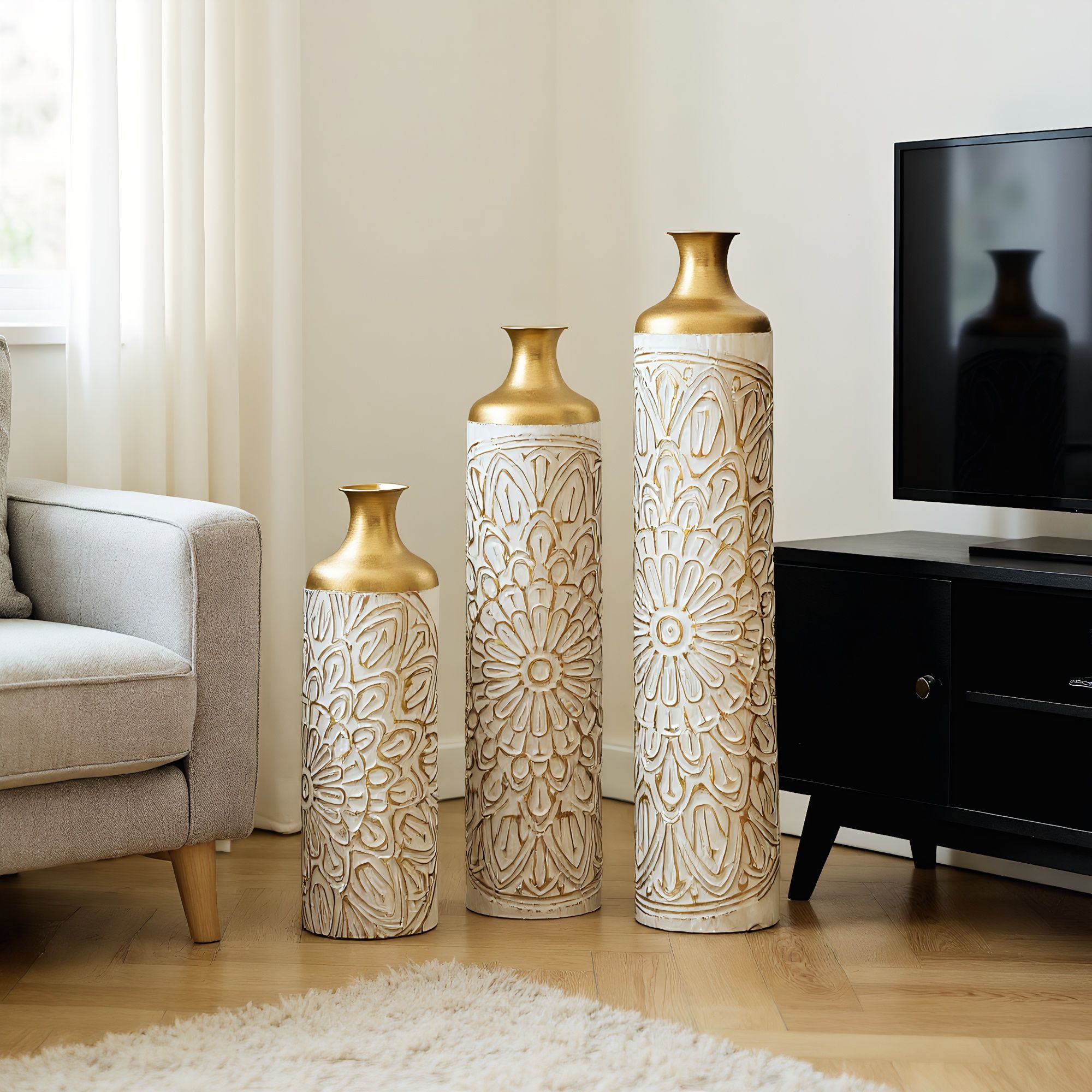 3 Piece Home Decoration Large Glazed Floor Vases - Gold / White