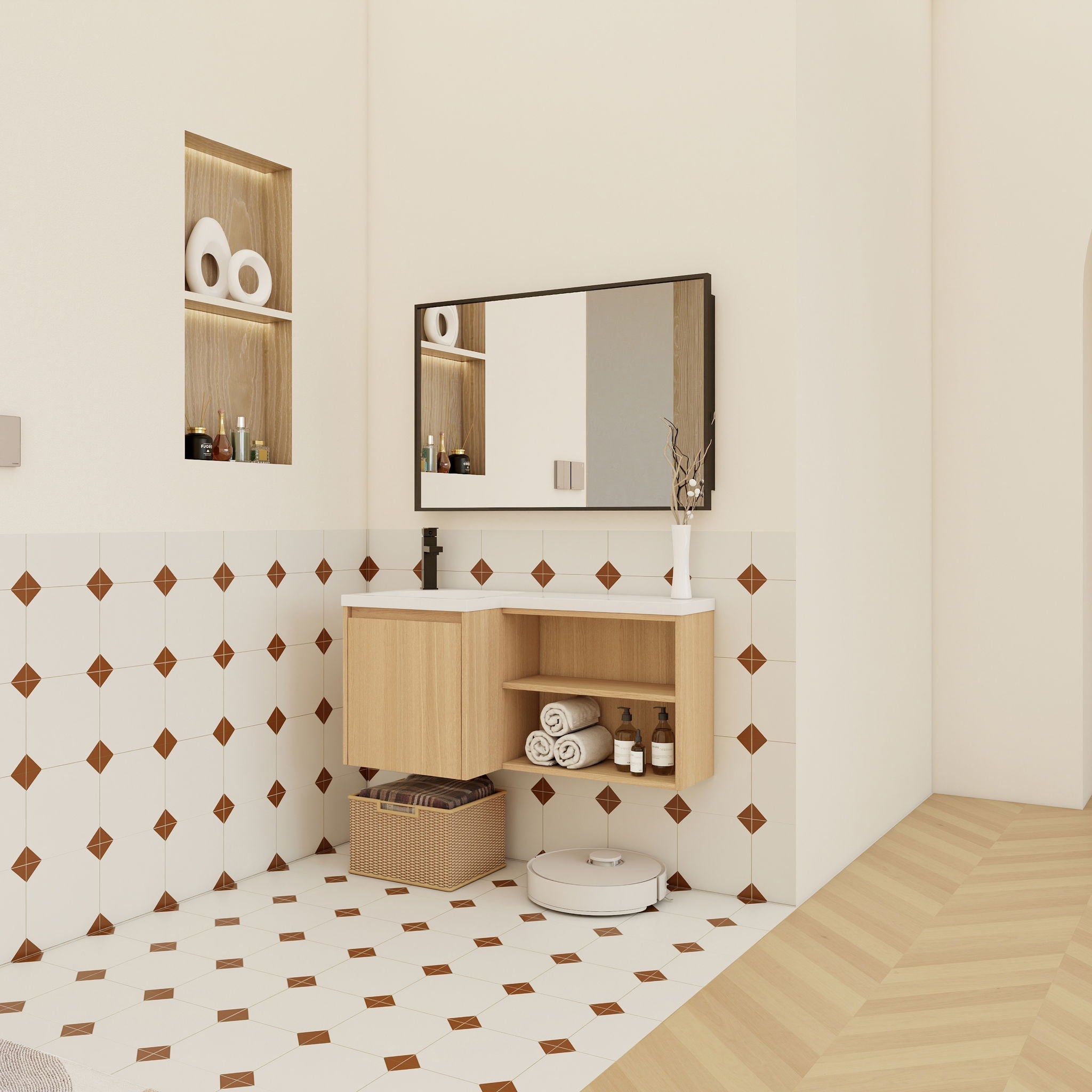 L-Shaped Wall Mounte Floating Bathroom Vanity With Integrated Sink