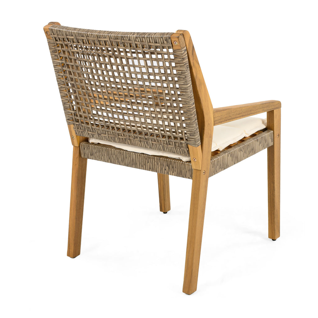 Outdoor Dining Chair Set of 4 - Acacia Wood and Wicker with Cream Cushion