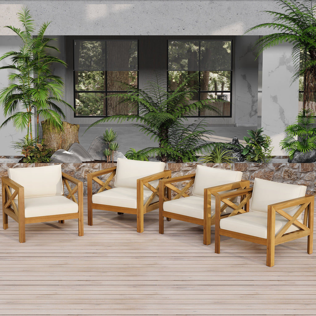 Outdoor Acacia Wood Club Wooden Armchair with Cushions (Set of 2)