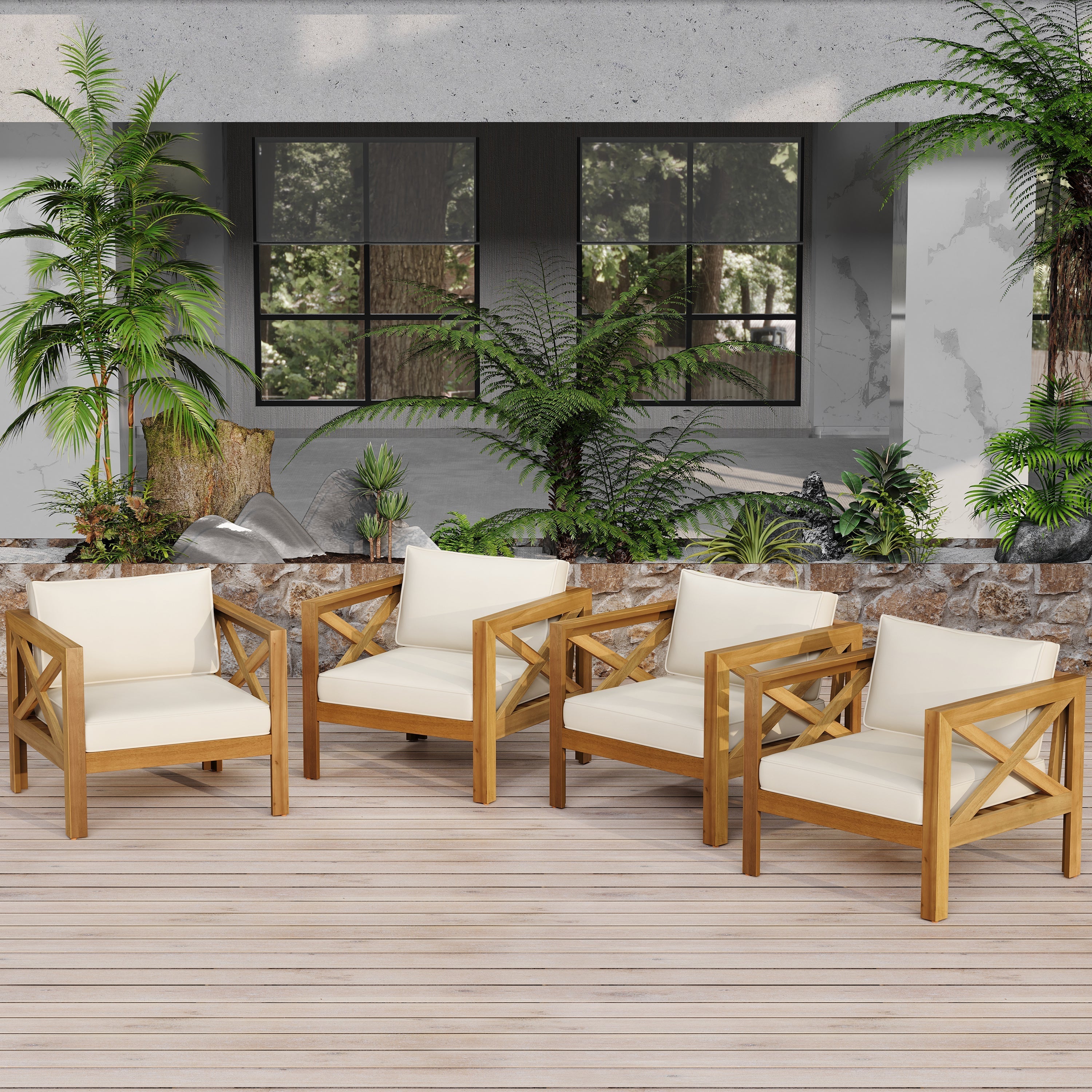 Outdoor Acacia Wood Club Wooden Armchair with Cushions (Set of 2)