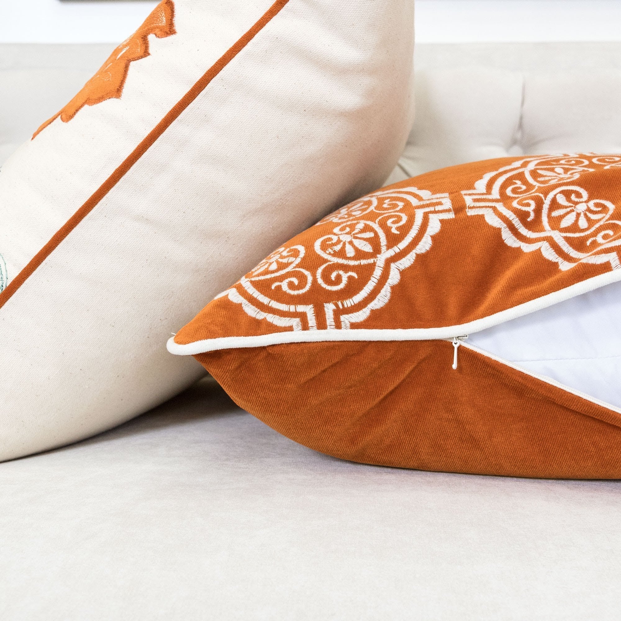 Burnt Orange Damask Embroidered Throw Pillow