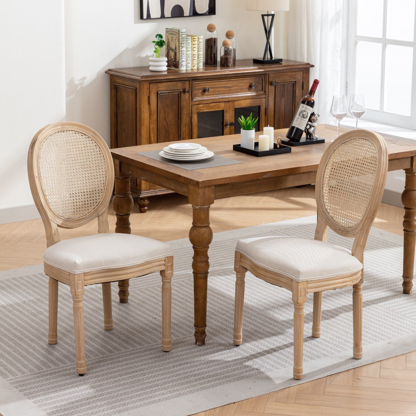 French Style Solid Wood Frame Antique Painting Fabric Rattan Back Dining Chair (Set of 2)