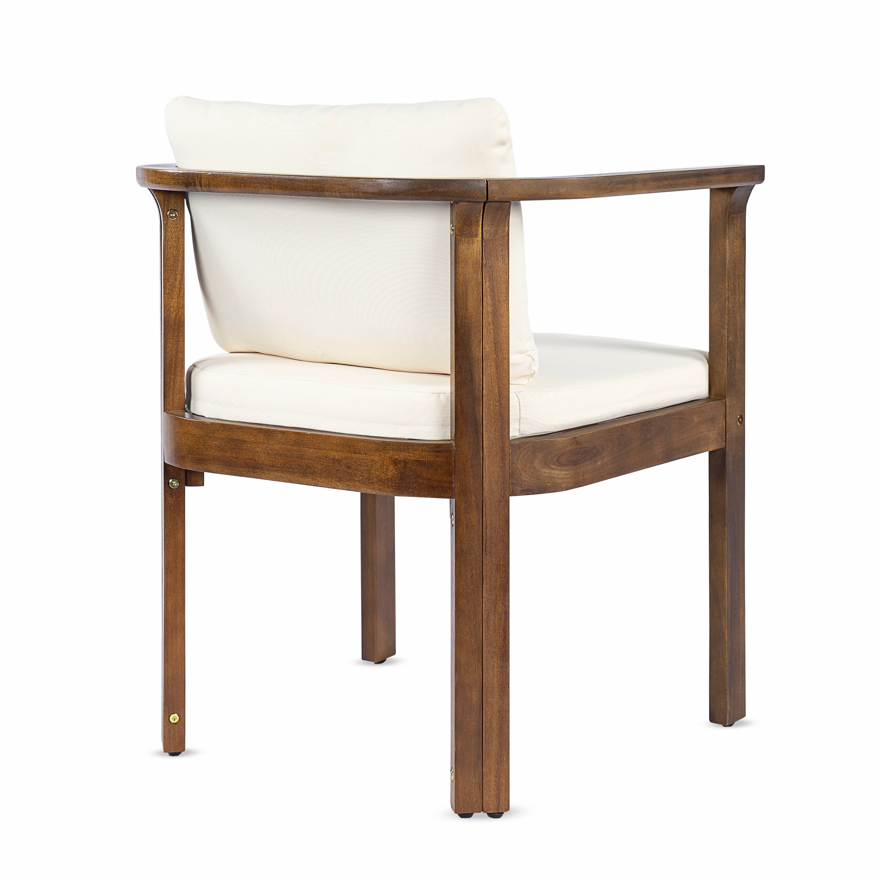 Outdoor Dining Chair Set of 2 with Curved Acacia Wood Arms, Brown Finish and Cream Cushions