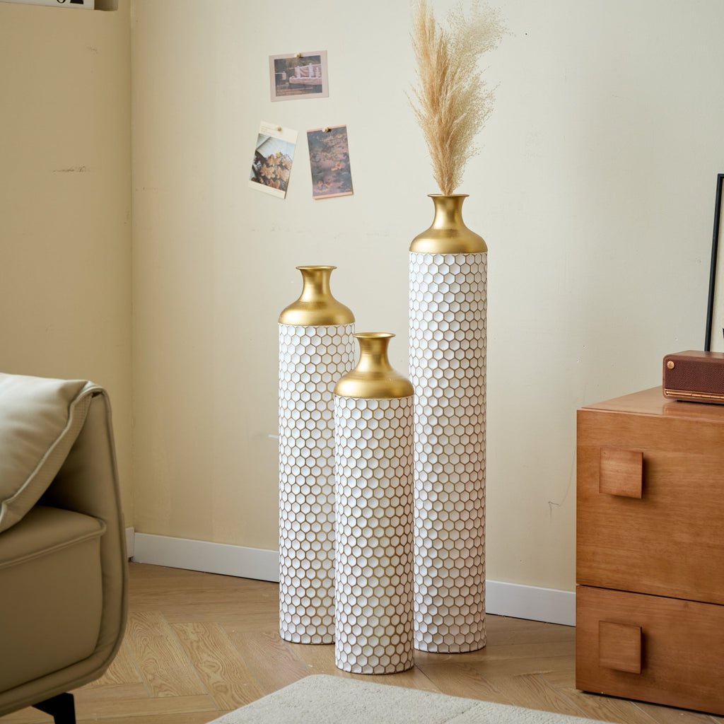 3-Piece Modern Metal Vase Set - White & Gold