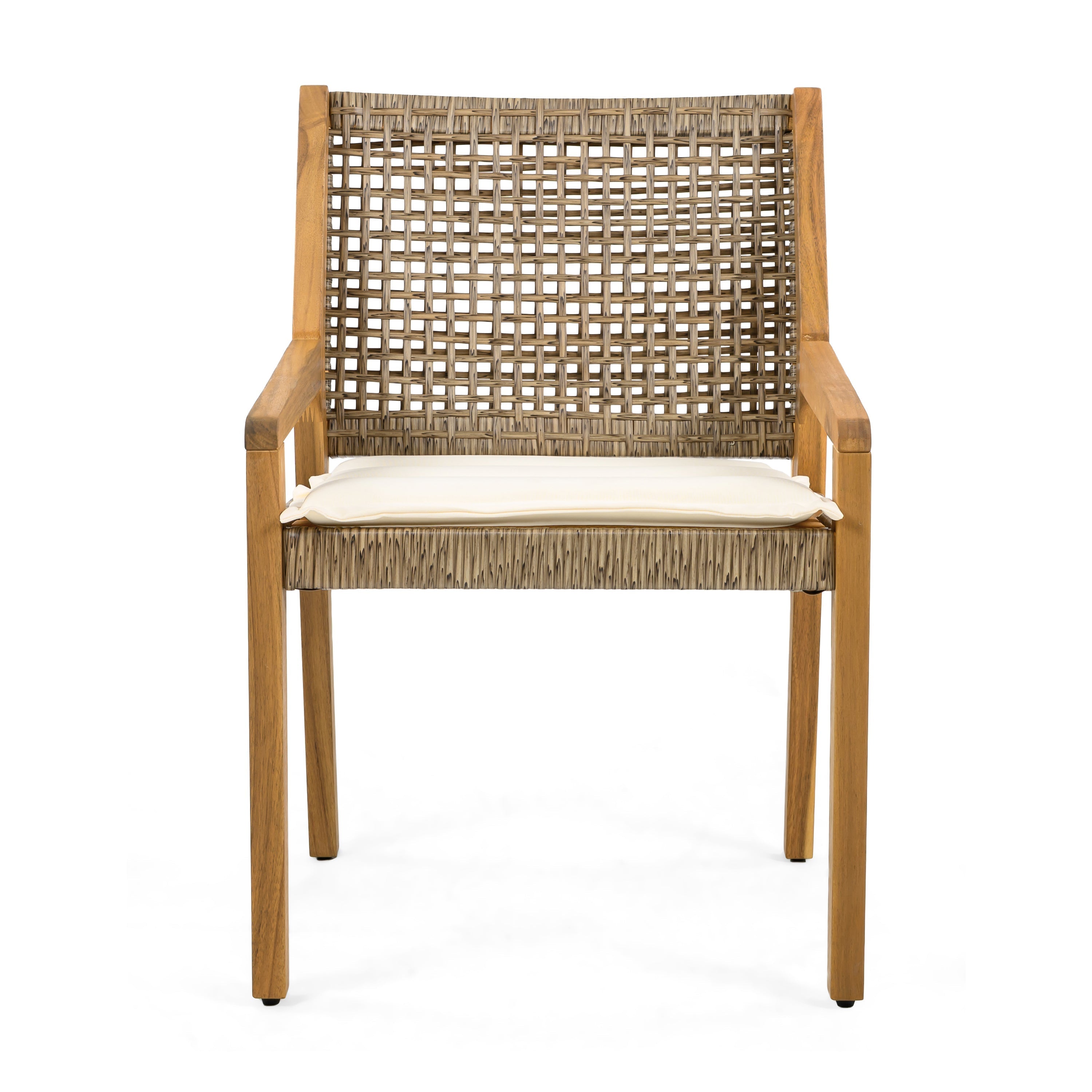 Outdoor Dining Chair Set of 4 - Acacia Wood and Wicker with Cream Cushion