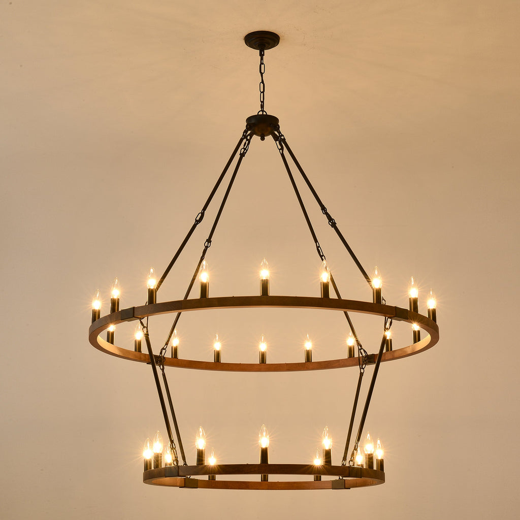 Large Solid Wood Wagon Wheel Chandelier, 2-Tier 32-Lights