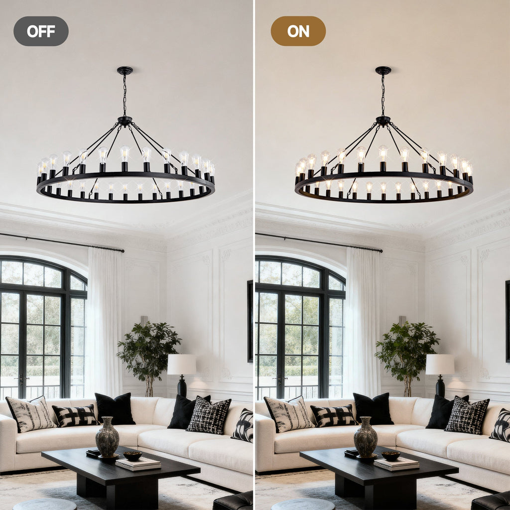 64 Inch Matte Black Wagon Wheel Chandelier With 30 Lights