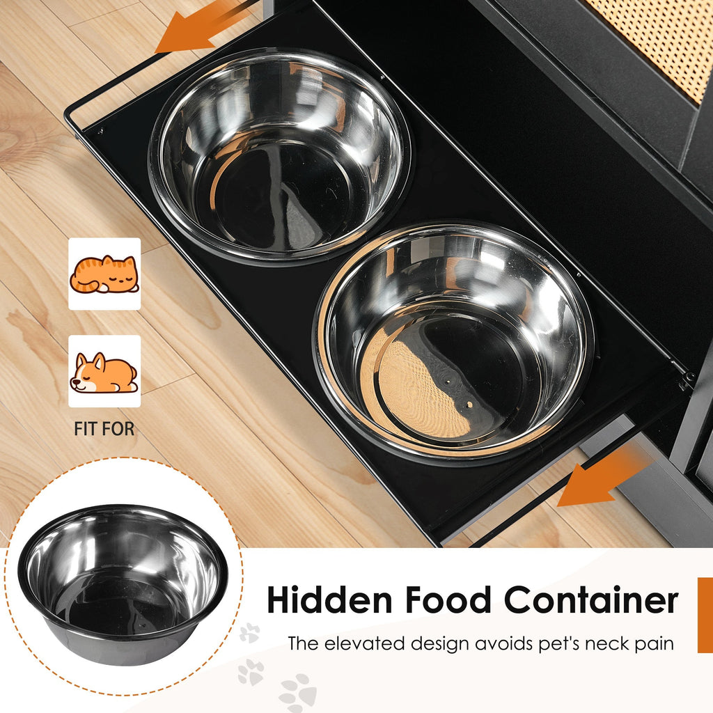 Feeding Station with 2 Lockers and Elevated Bowls Black