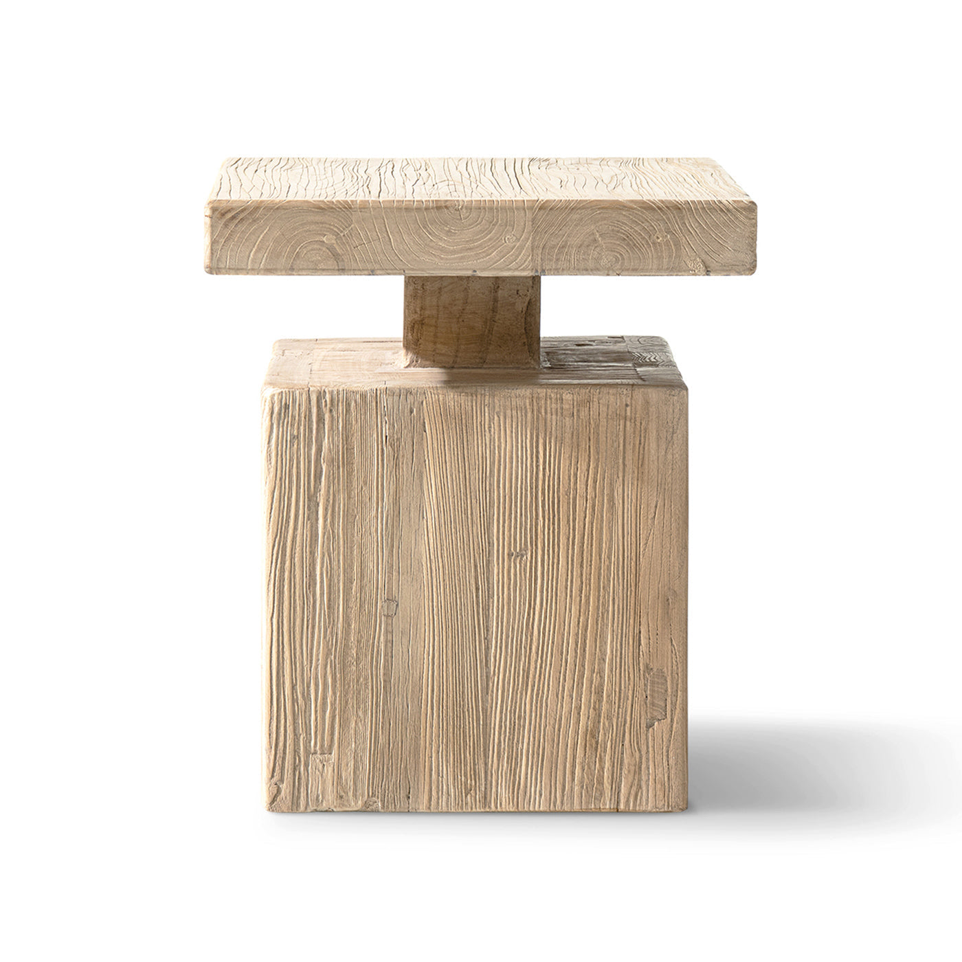 Calder 18' Solid Square Reclaimed Elm Block Plinth Side Table, Heritage Light Natural Brown