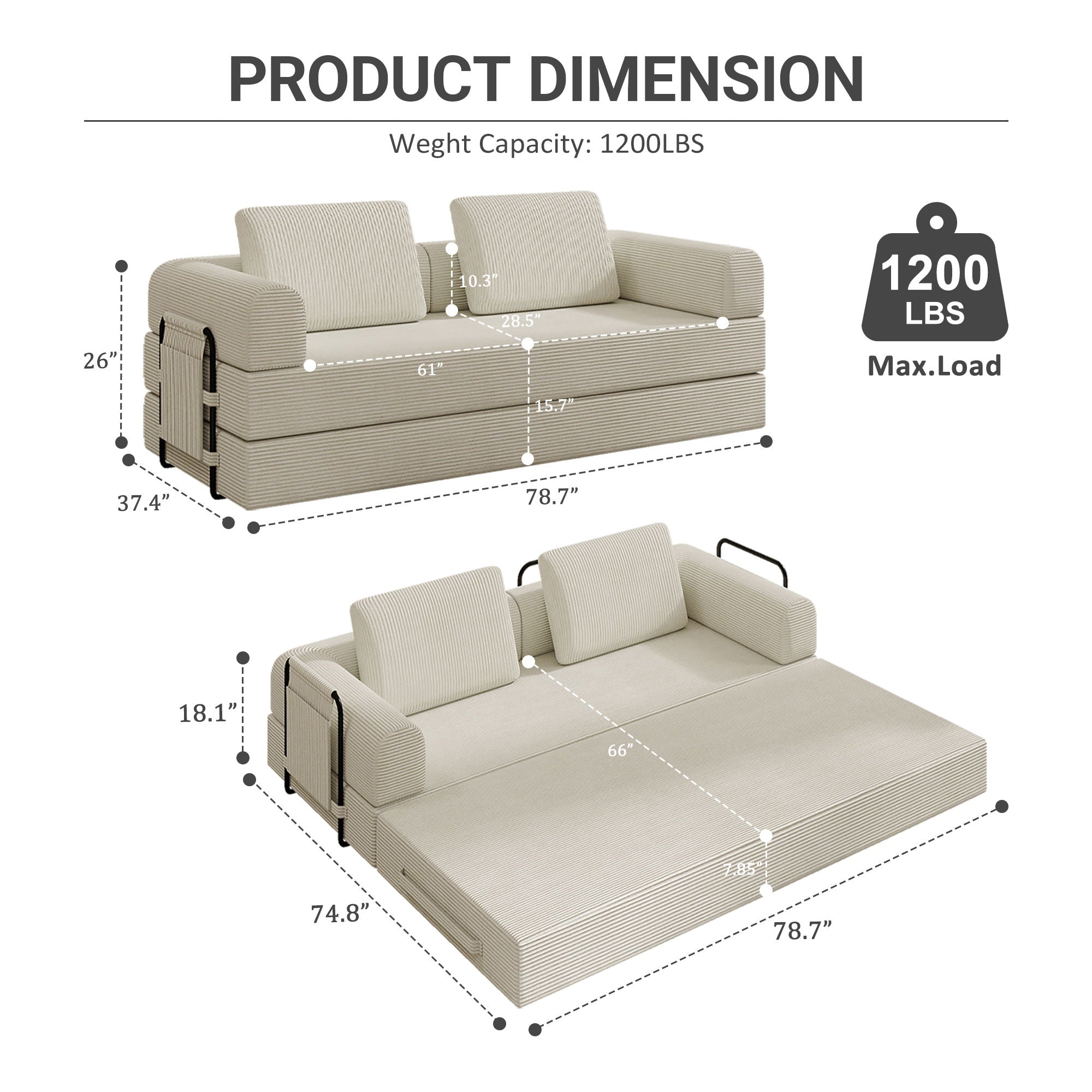 Convertible Sleeper Sofa Bed With Cylindrical Pillow