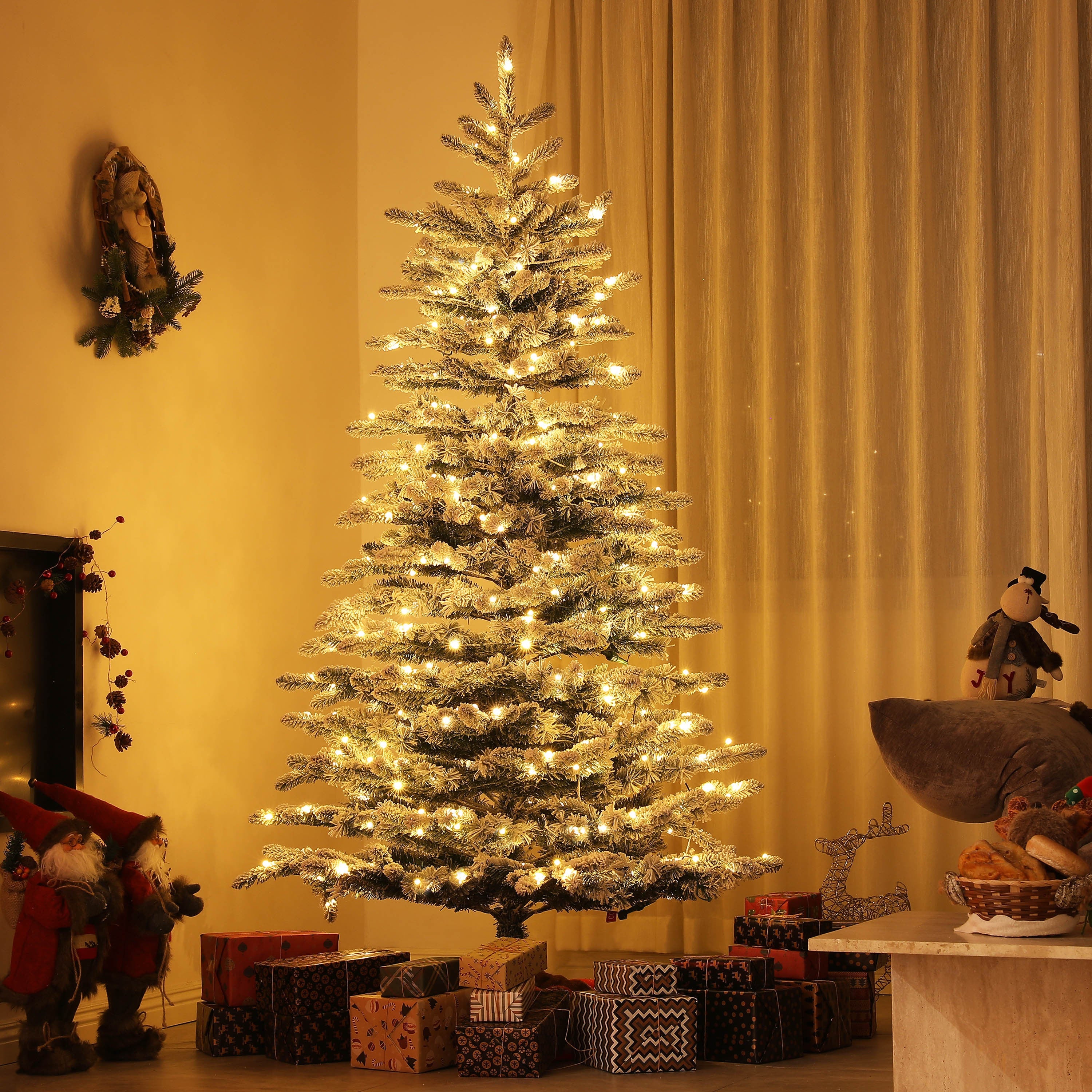 6.5 Ft Pre-Lit Snow Flocked Mountain Pine Artificial Christmas Tree