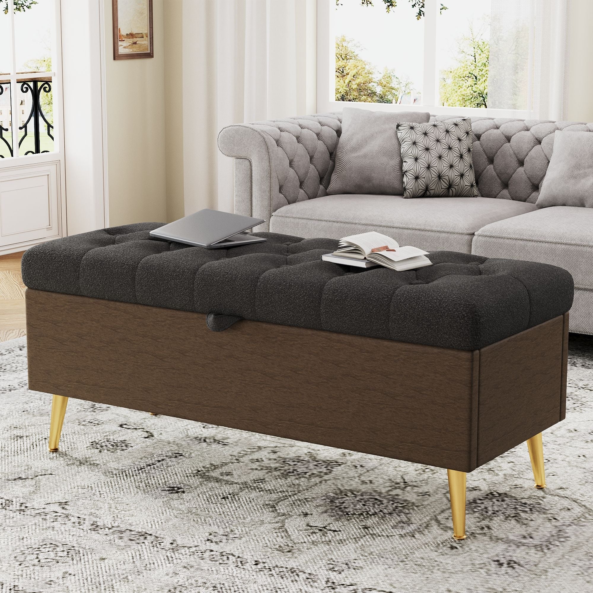 Modern Tufted Storage Ottoman Bench with Metal Legs