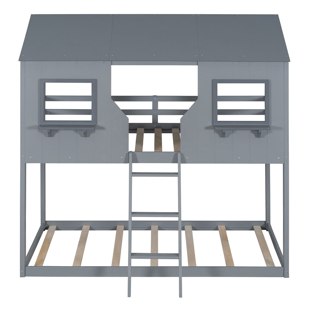 Twin Over Twin Bunk Bed With Roof, Window, Guardrail, Ladder