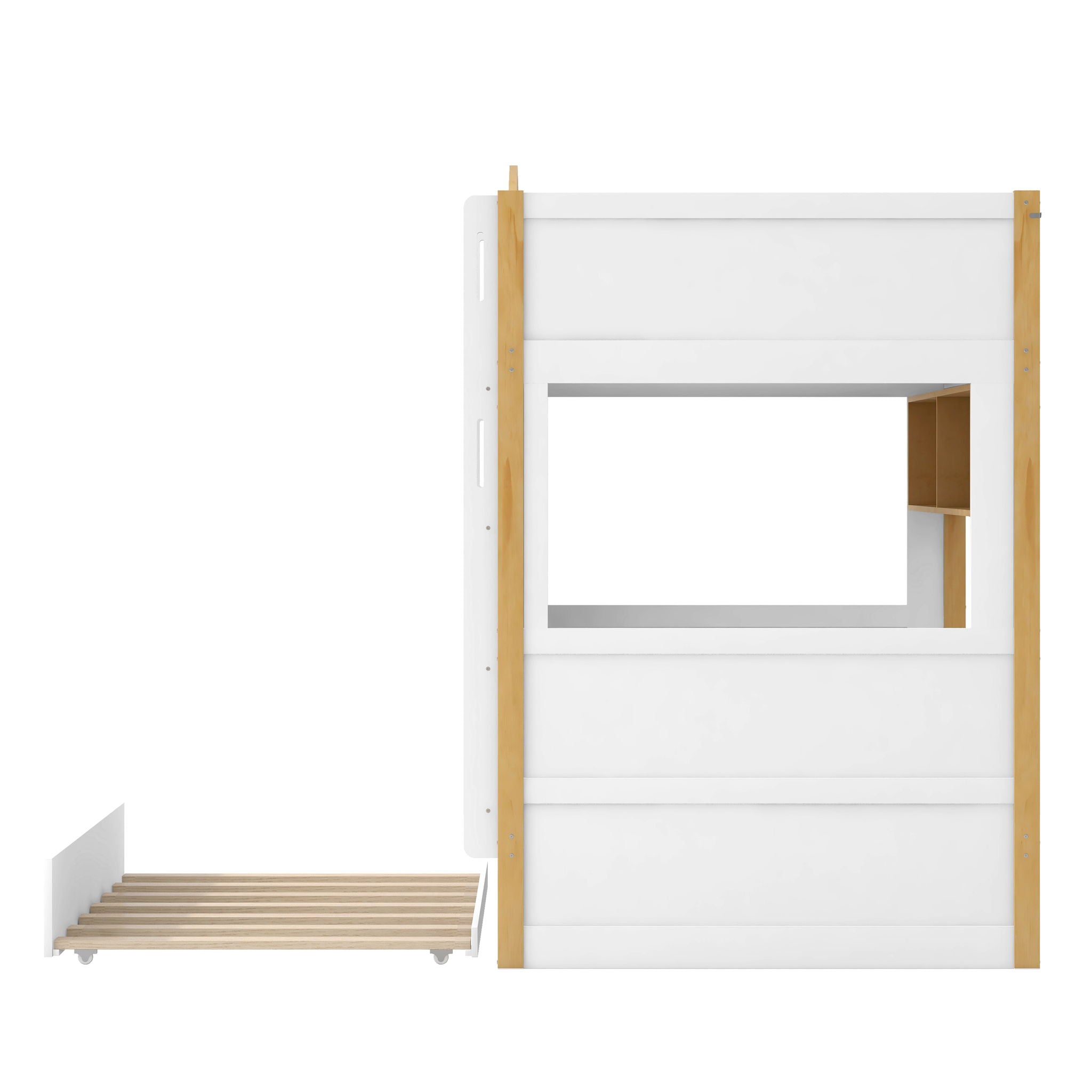 Bunk Bed With House Shaped Guardrails, Storage Shelves, And Trundle