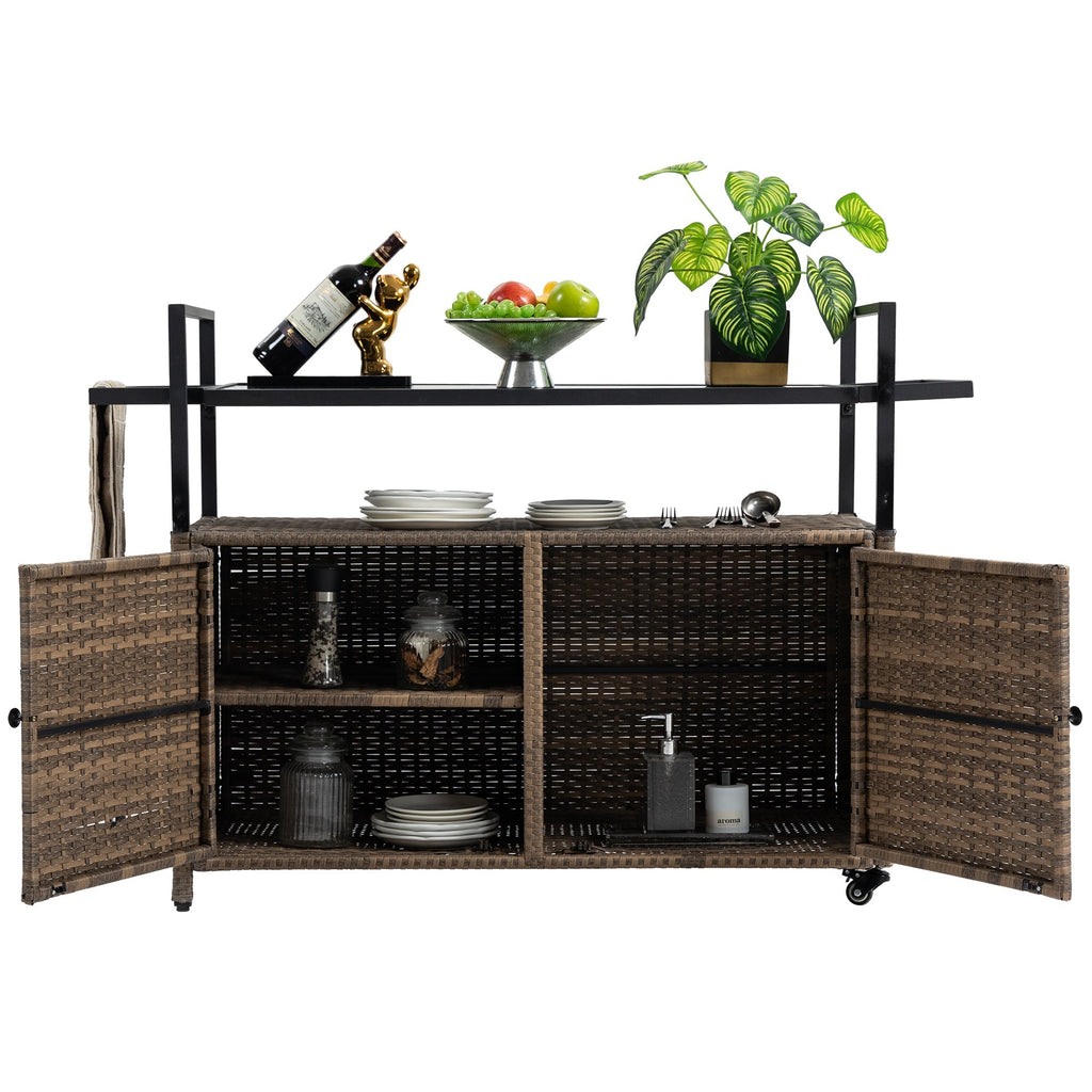 Outdoor Wicker Bar Cart with Glass Top and Wheels