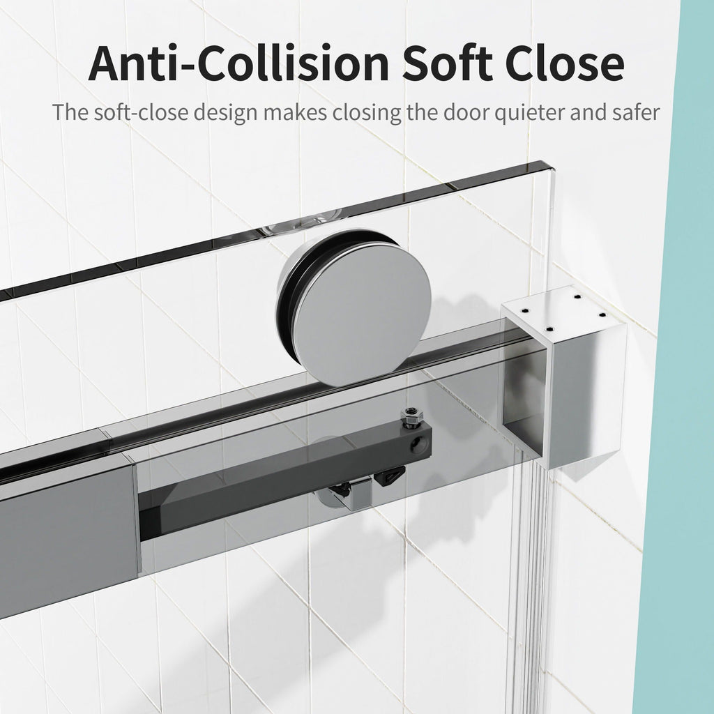 Frameless Single Sliding Soft Close Shower Doors, 3 / 8" Tempered Glass Reversible Installatio