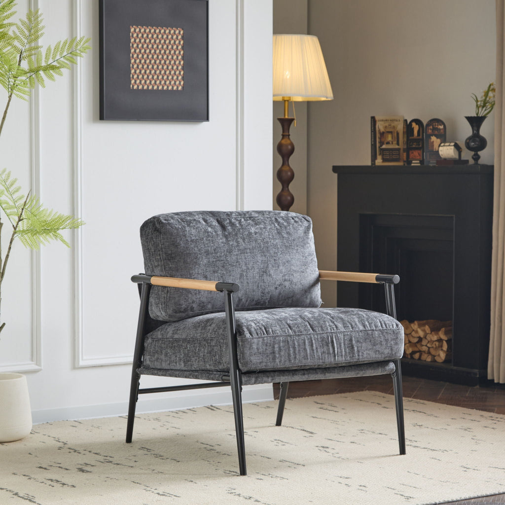 Modern Accent Chair With Plush Cushions and Wooden Armrests