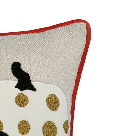 Embroidered Halloween Pumpkin Pillow – Spooky Polka Dot Linen Throw Accent