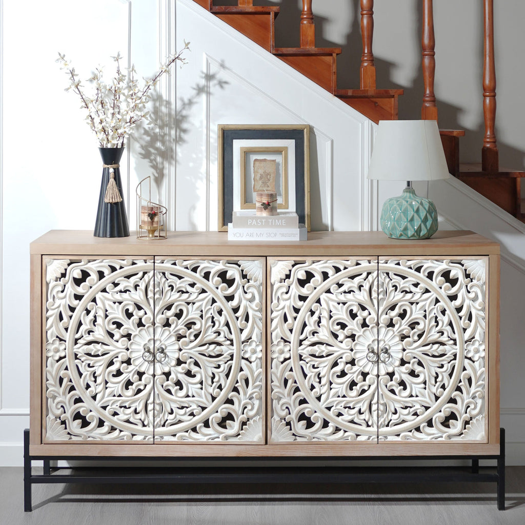 4 Door Wood Cabinet, Vintage Carved Wood with Metal Base