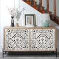 4 Door Wood Cabinet, Vintage Carved Wood with Metal Base