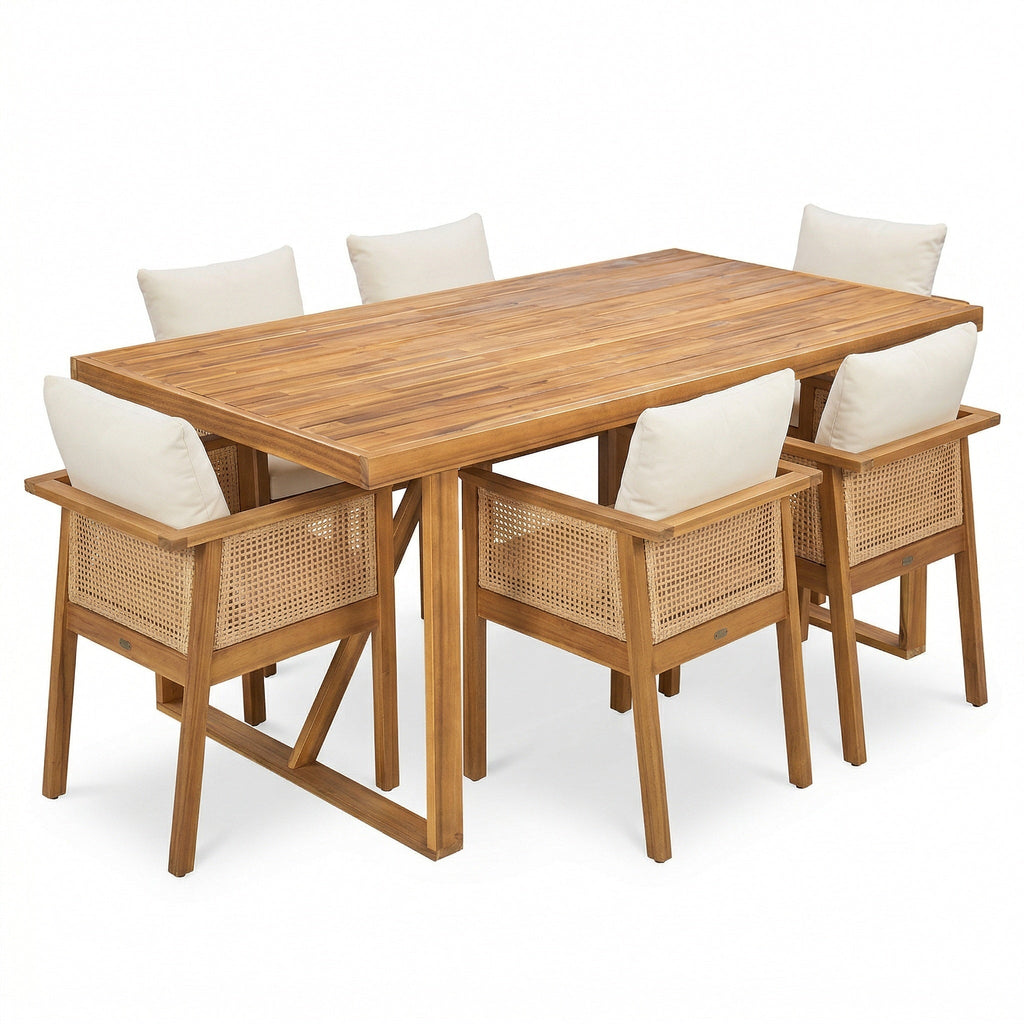 7-Piece Acacia Wood Outdoor Dining Set with Cream Cushions and Natural Wicker