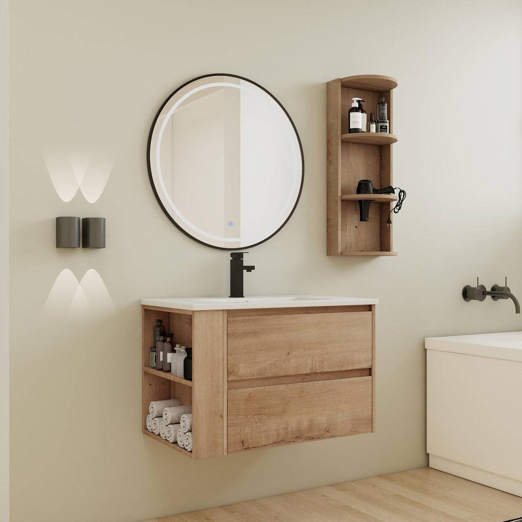 Modern Wall Mounted Bathroom Vanity with Ceramic Sink and Storage Rack