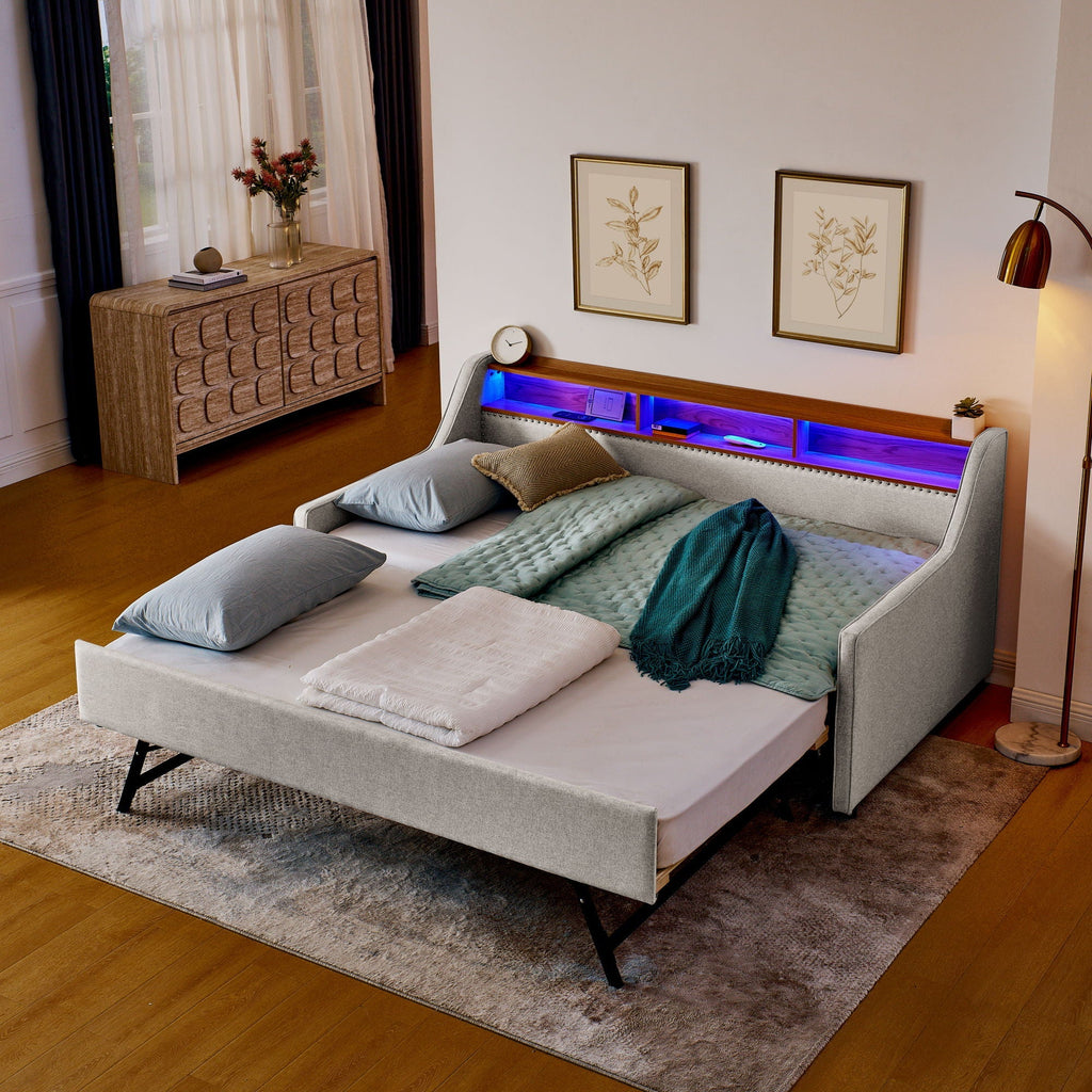 Upholstered Sofa Bed With LED Lights, Storage Headboard, Foldable Trundle & Wireless Charging
