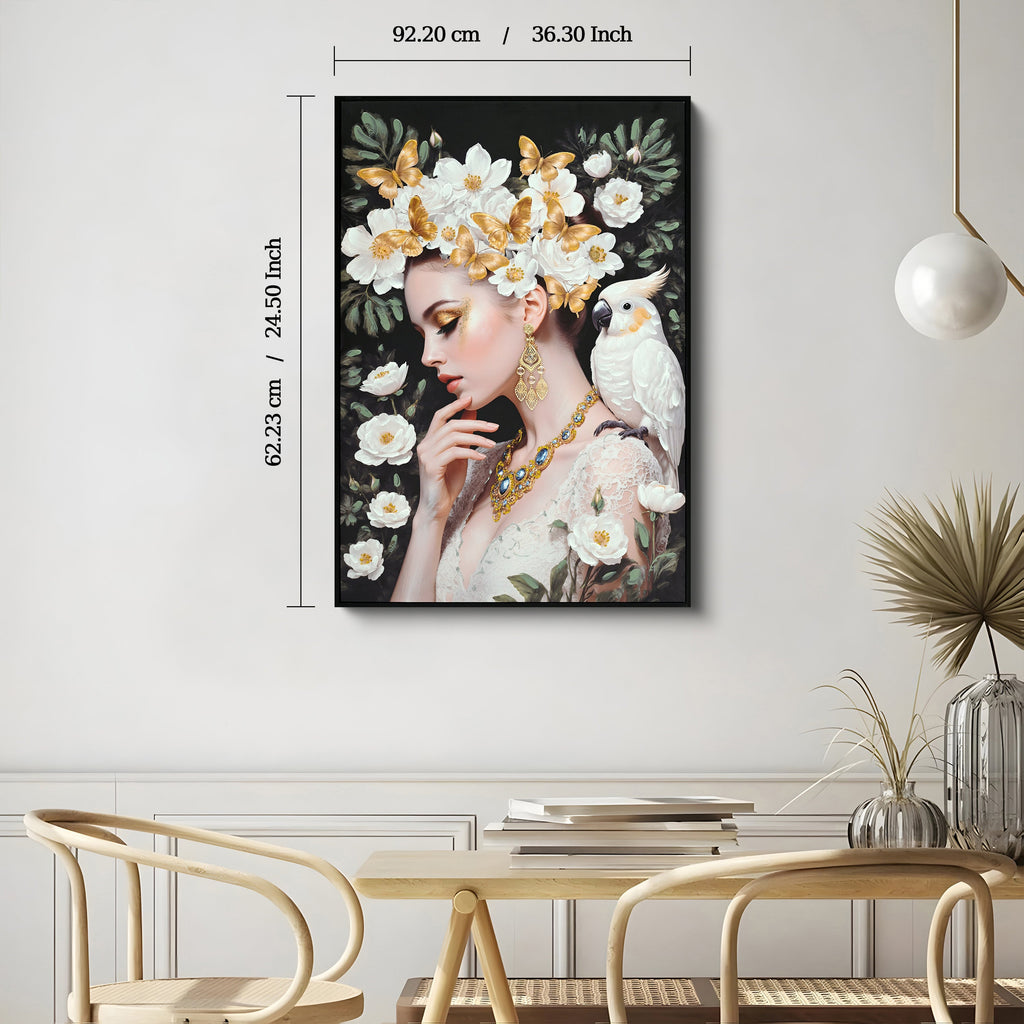 Beauty Lady Wall Art Gold and White Floral Canvas 24x36 Inch