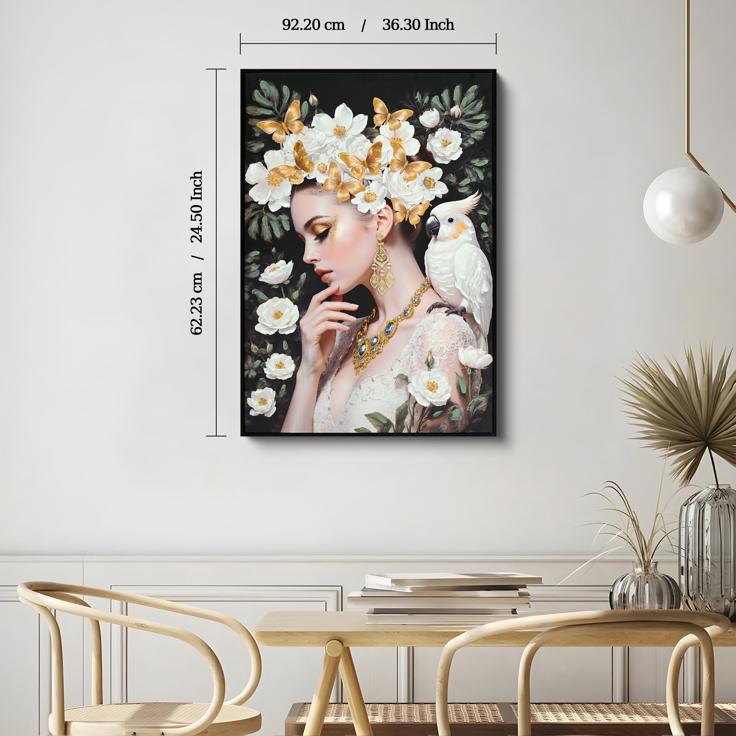 Beauty Lady Wall Art Gold and White Floral Canvas 24x36 Inch