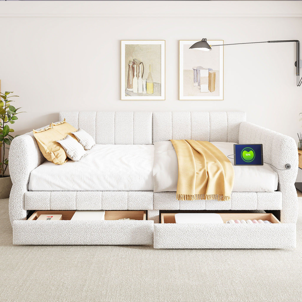 Upholstered Platform Bed With USB Charging And 2 Storage Drawers