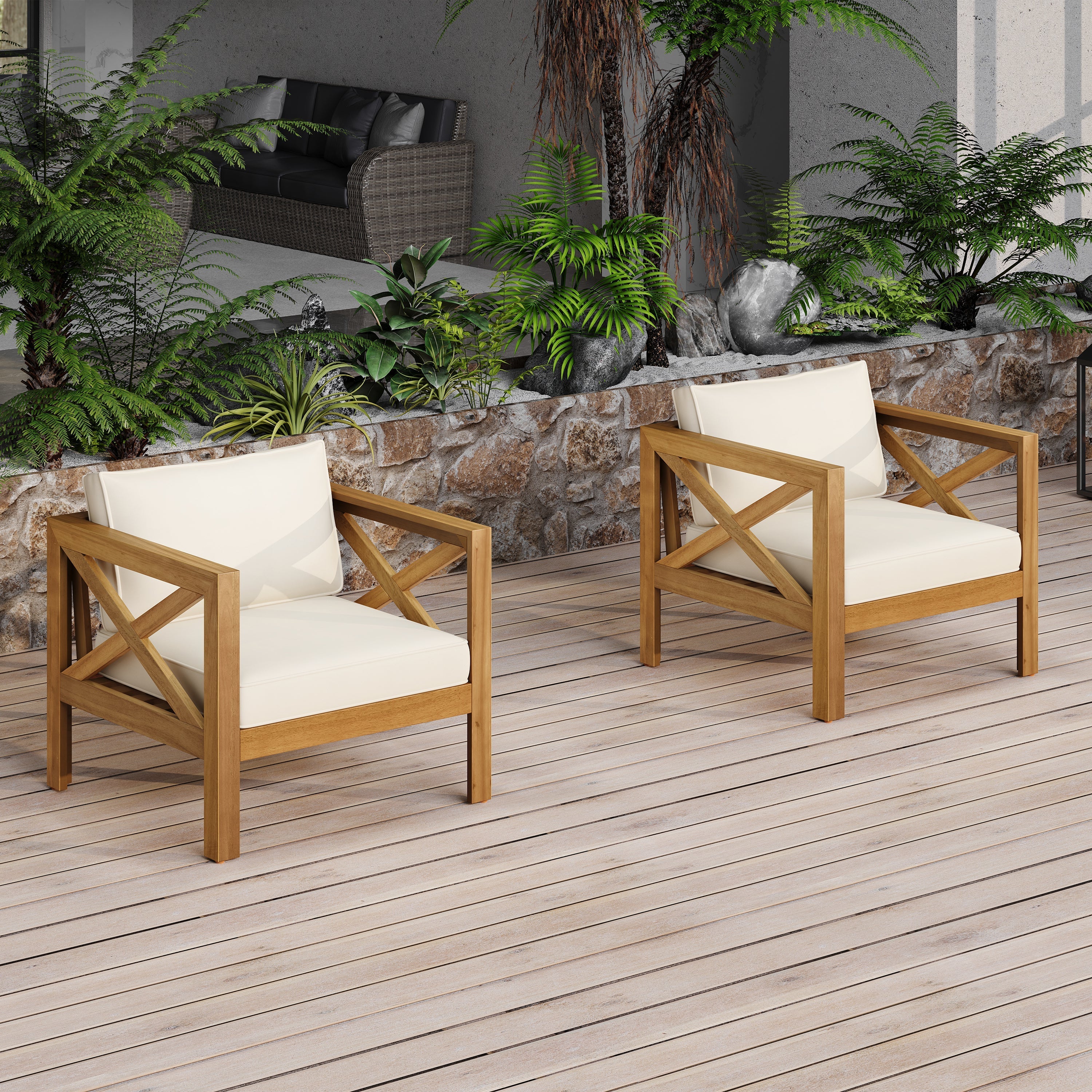 Outdoor Acacia Wood Club Wooden Armchair with Cushions (Set of 2)