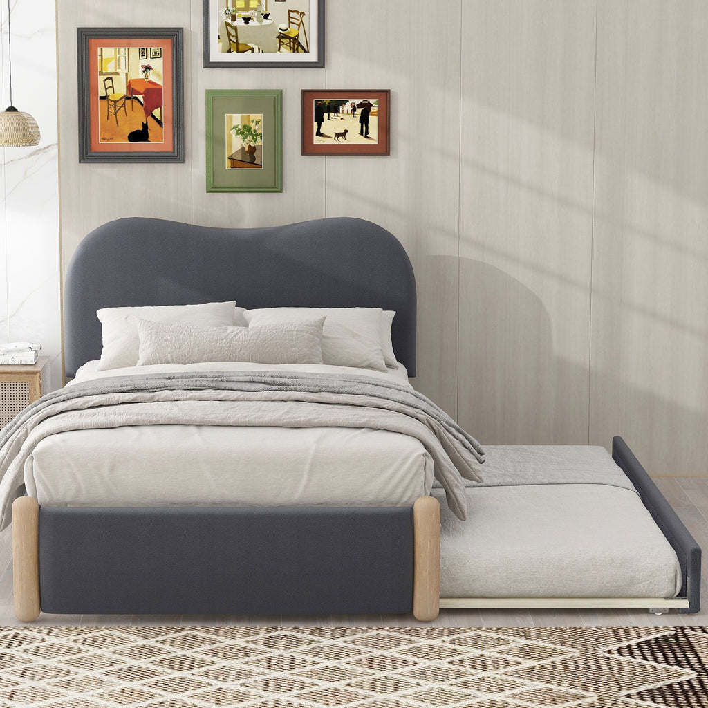 Upholstered Platform Bed With Wood Supporting Feet And Trundle