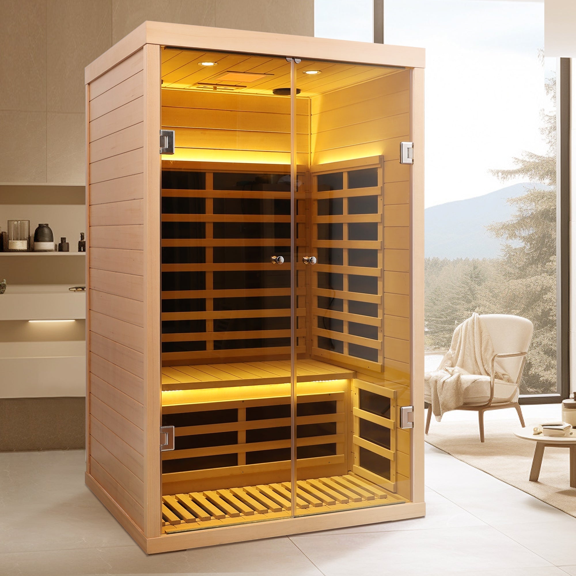 Luxury Indoor Hemlock Infrared Sauna Room with Double Doors and Glass for Two Persons