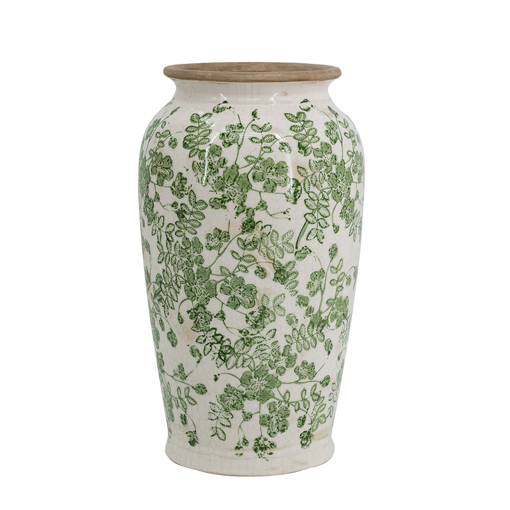 6.5x6.5x11.6 White Ceramic Flower Vase with Green Floral Pattern