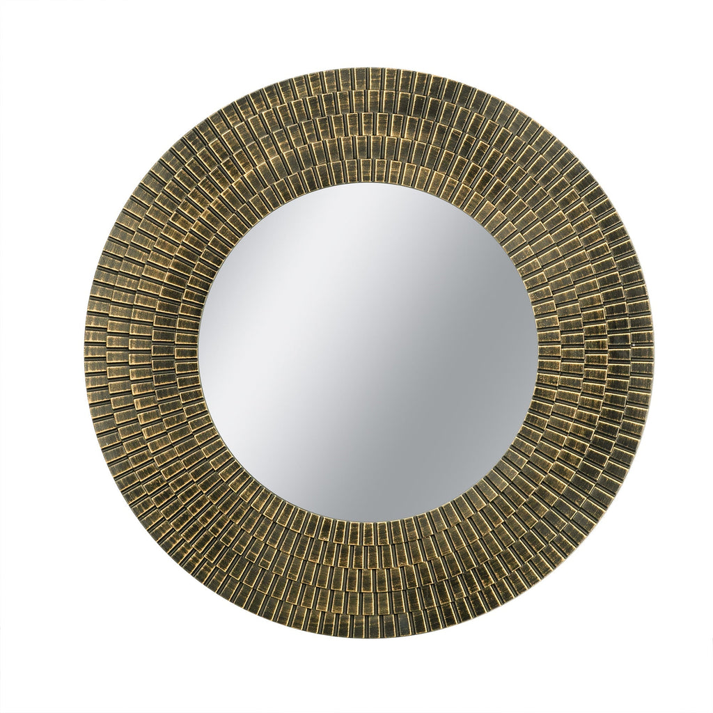 29.5" Round Gold and Black Wooden Accent Mirror with Woven Texture