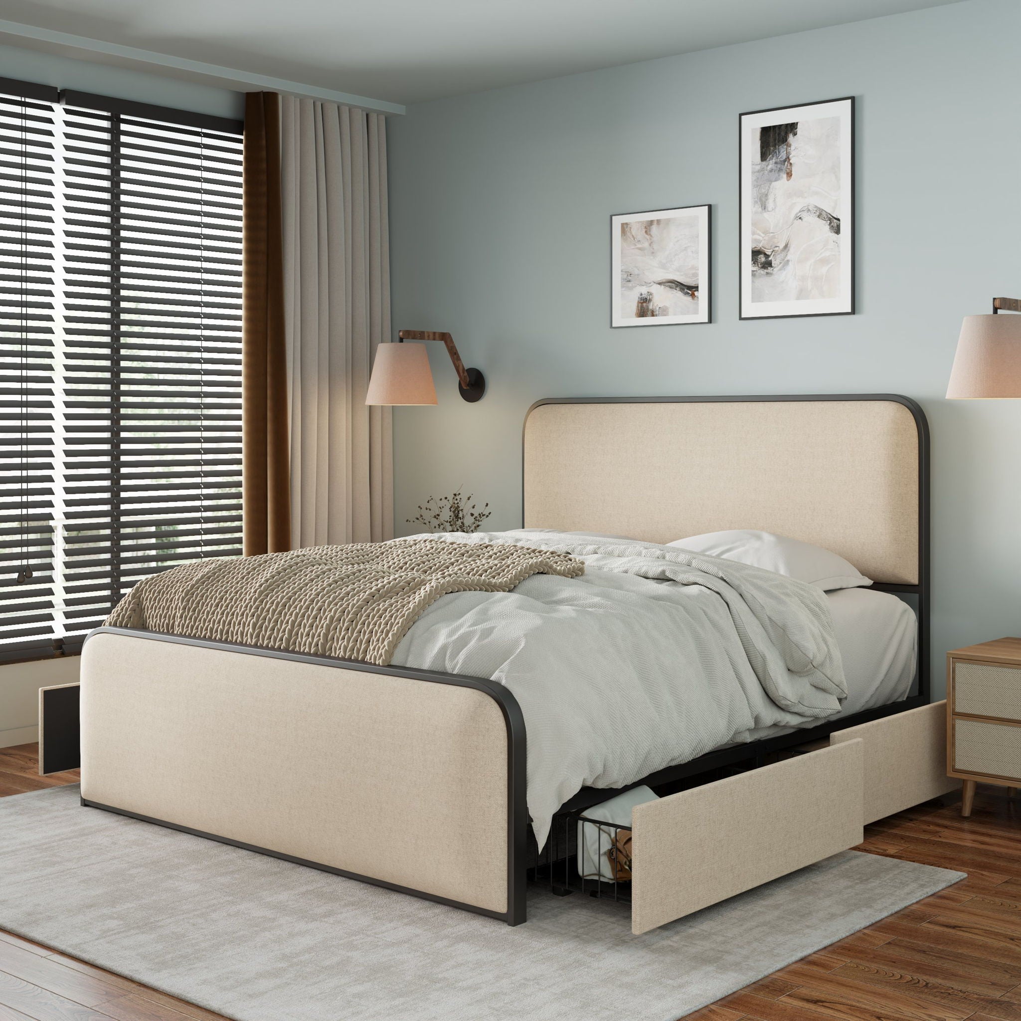Modern Bed With Curved Upholstered Headboard and Footboard